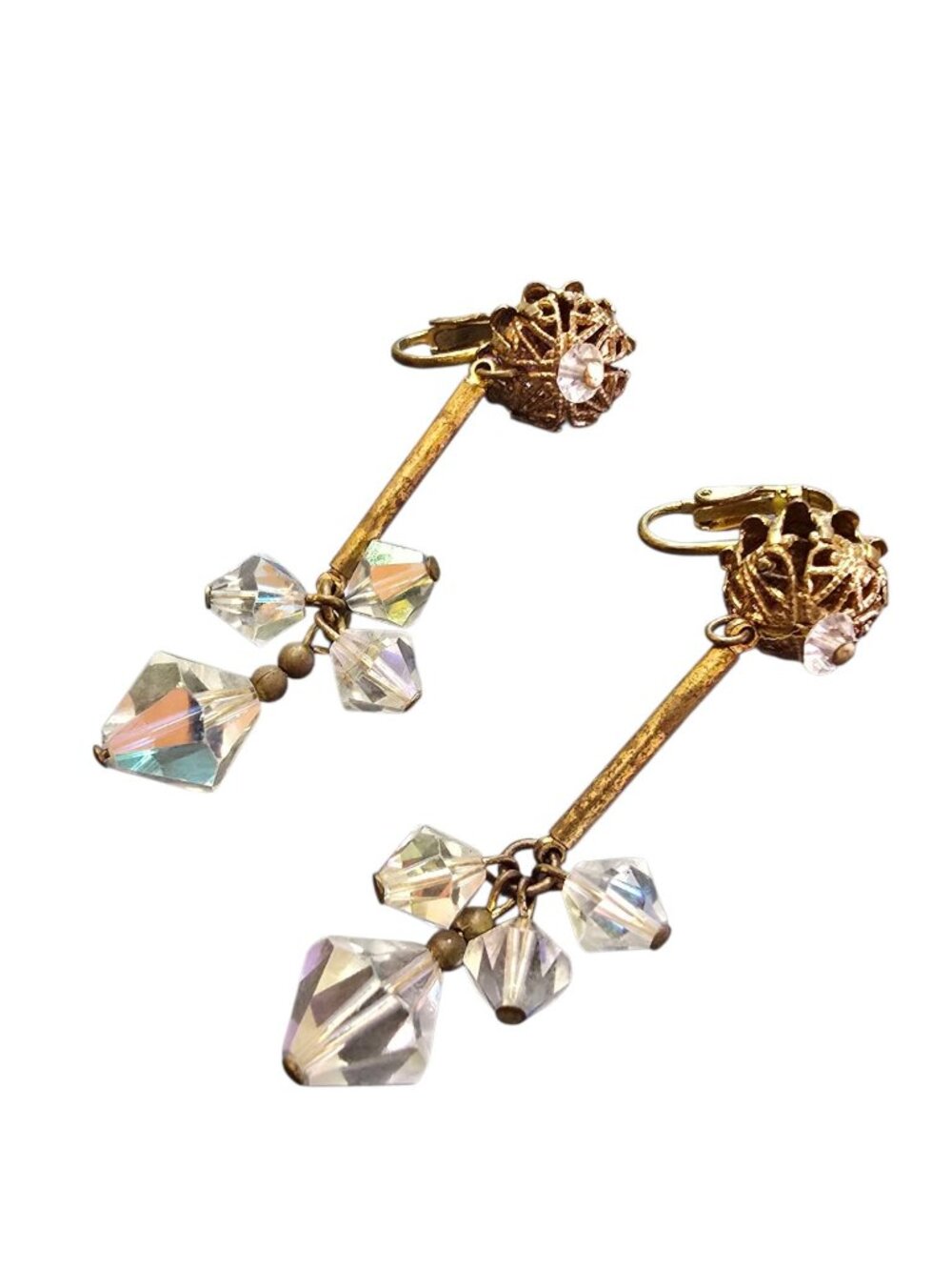 Vintage Crystal and Brass Dangling Shoulder Duster Earrings (A9307)